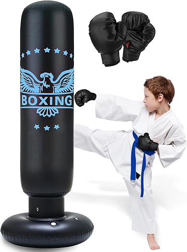 Saco de boxeo inflable para niños de 63 pulgadas, saco de boxeo independiente para niños con guantes, saco de boxeo con soporte, bolsa de boxeo para