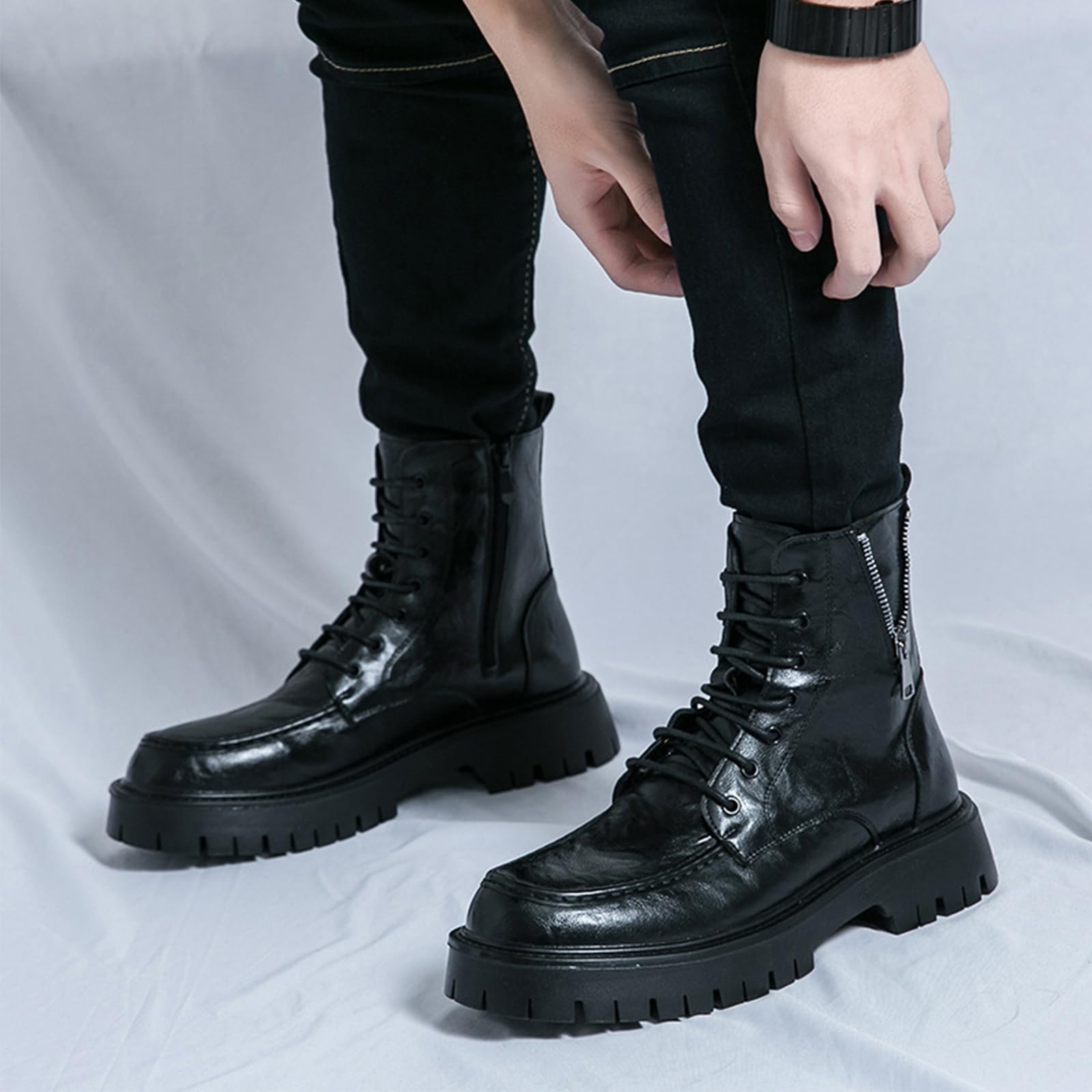 Bottes De Combat À Plateforme À Lacets pour Hommes Bottes De Motard