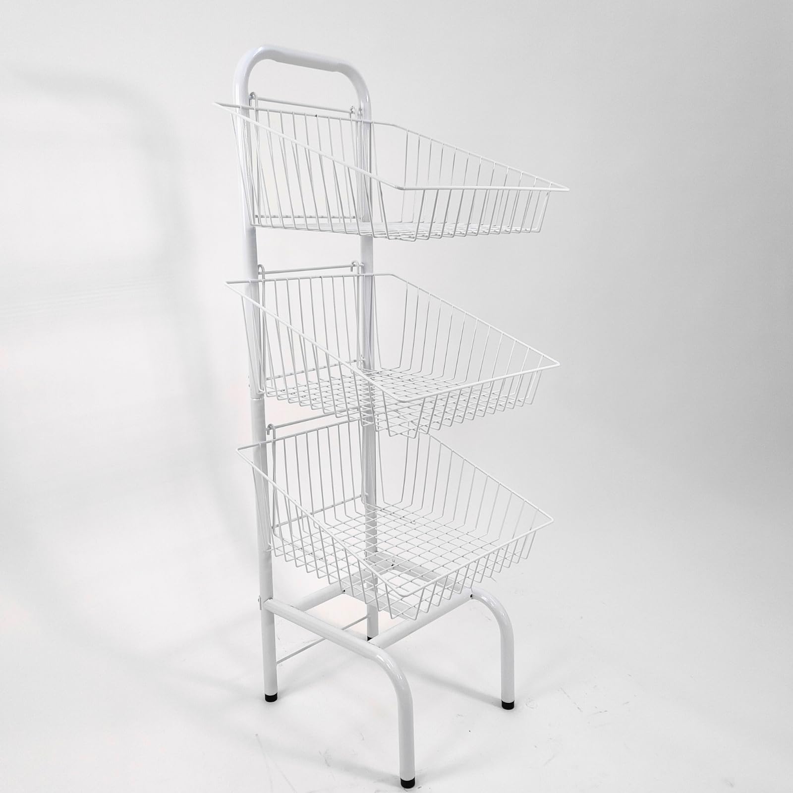 3 Tier Basket Stand โ Freestanding Wire Display Rack for Bread, Snacks, Clothes & Toys โ Durable Nylon-Coated Merchandising Unit โ 1170mm Tall