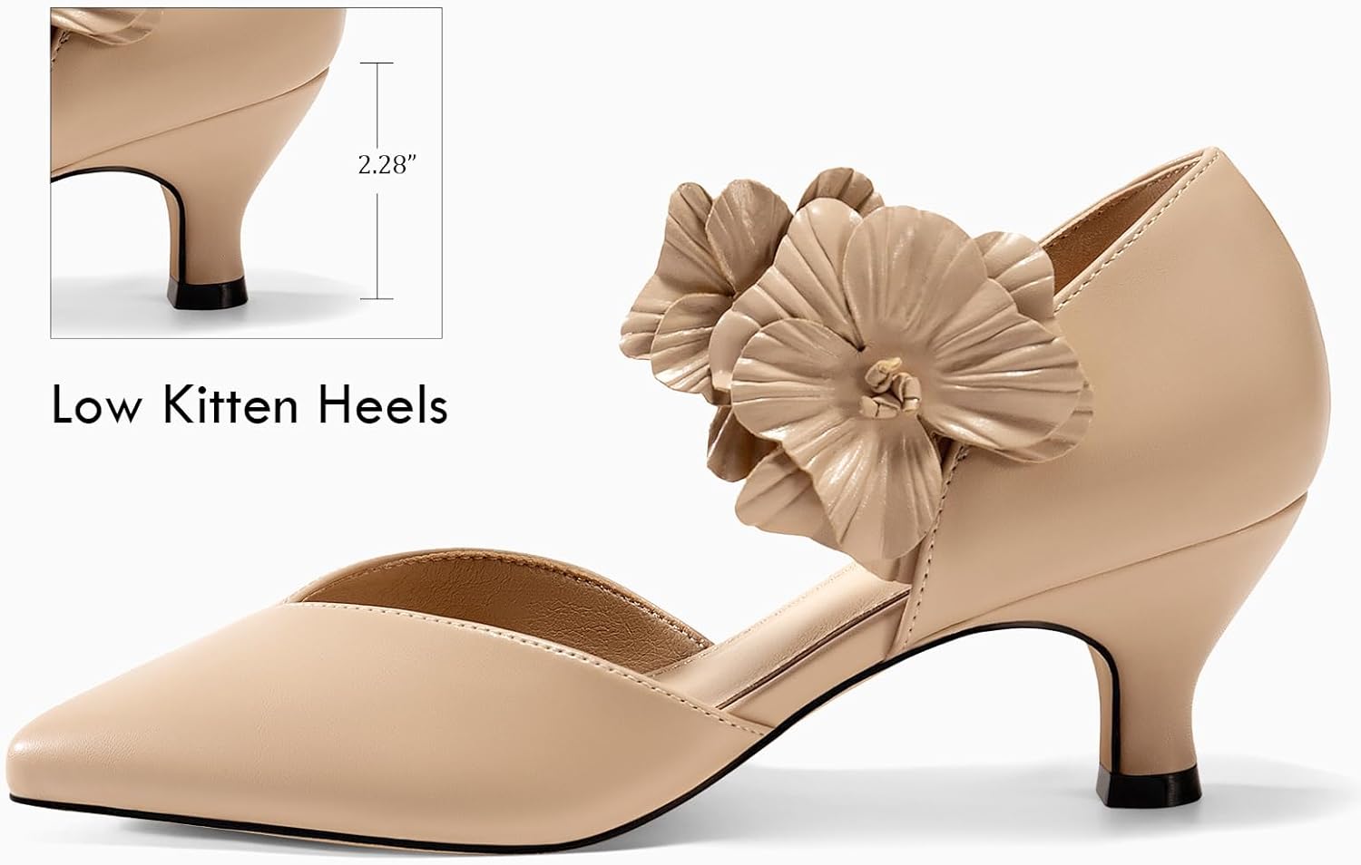 Coutgo Womens Low Kitten Heels Dressy Shoes Comfortable Closed Toe Flower Slip on Formal Party Dance Heeled Pumps - Image 3