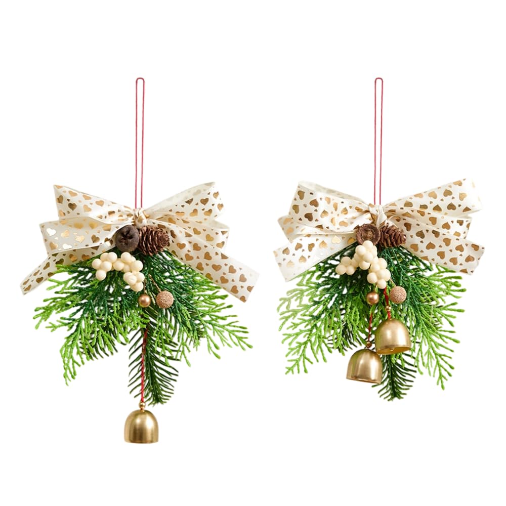 Bow Christmas Jingle Bells Hanger Decorations,2 Pcs Red Christmas Bow with Bells and Cones & Pine Branches for Xmas Party Decoration