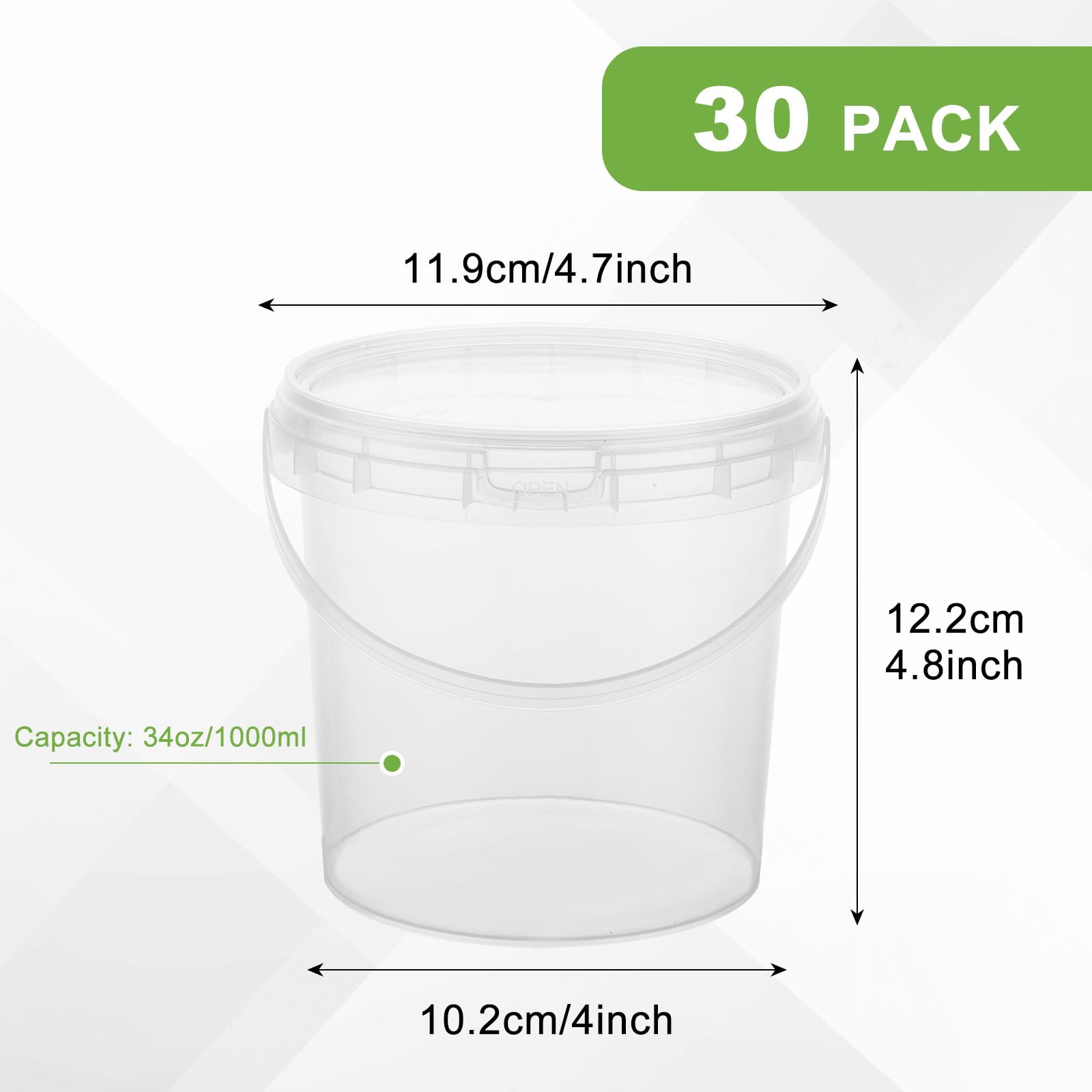 30 contenitori in plastica trasparente per gelato, con coperchi e manici, 1000 ml, per snack, frutta, bevande