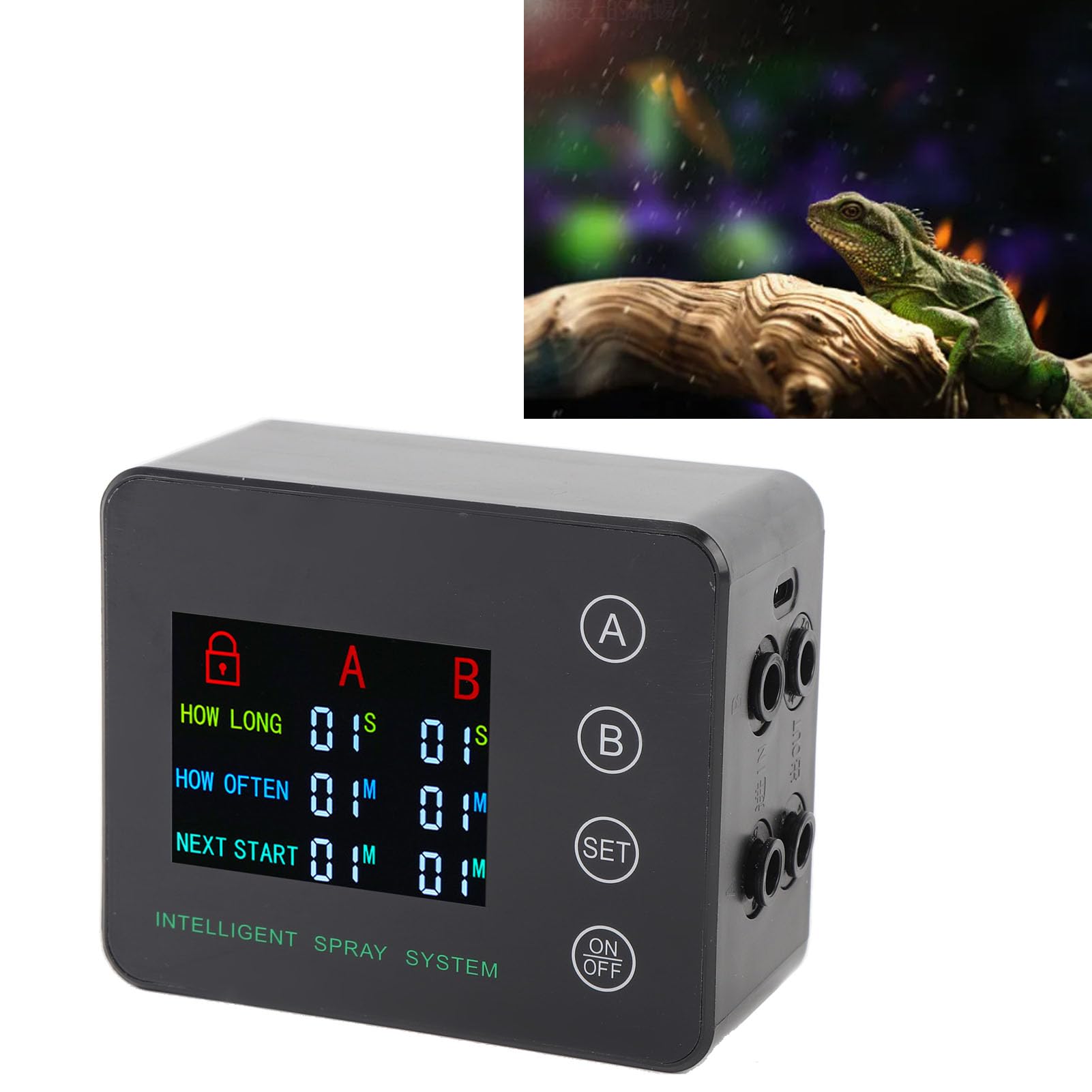 Reptile Pantalla a Color Bomba Doble Humidificador con Boquilla Ajustable Mini Pulverización Automática para Serpientes Terrario para Reptiles de Larga Duración