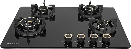 Faber 70Cm 4 Burner Hob|Auto Electric|Built-In Or Hobtop|Brass Burners|Cast Iron Pan Support|Glass Finish|Metal Knobs|Warr