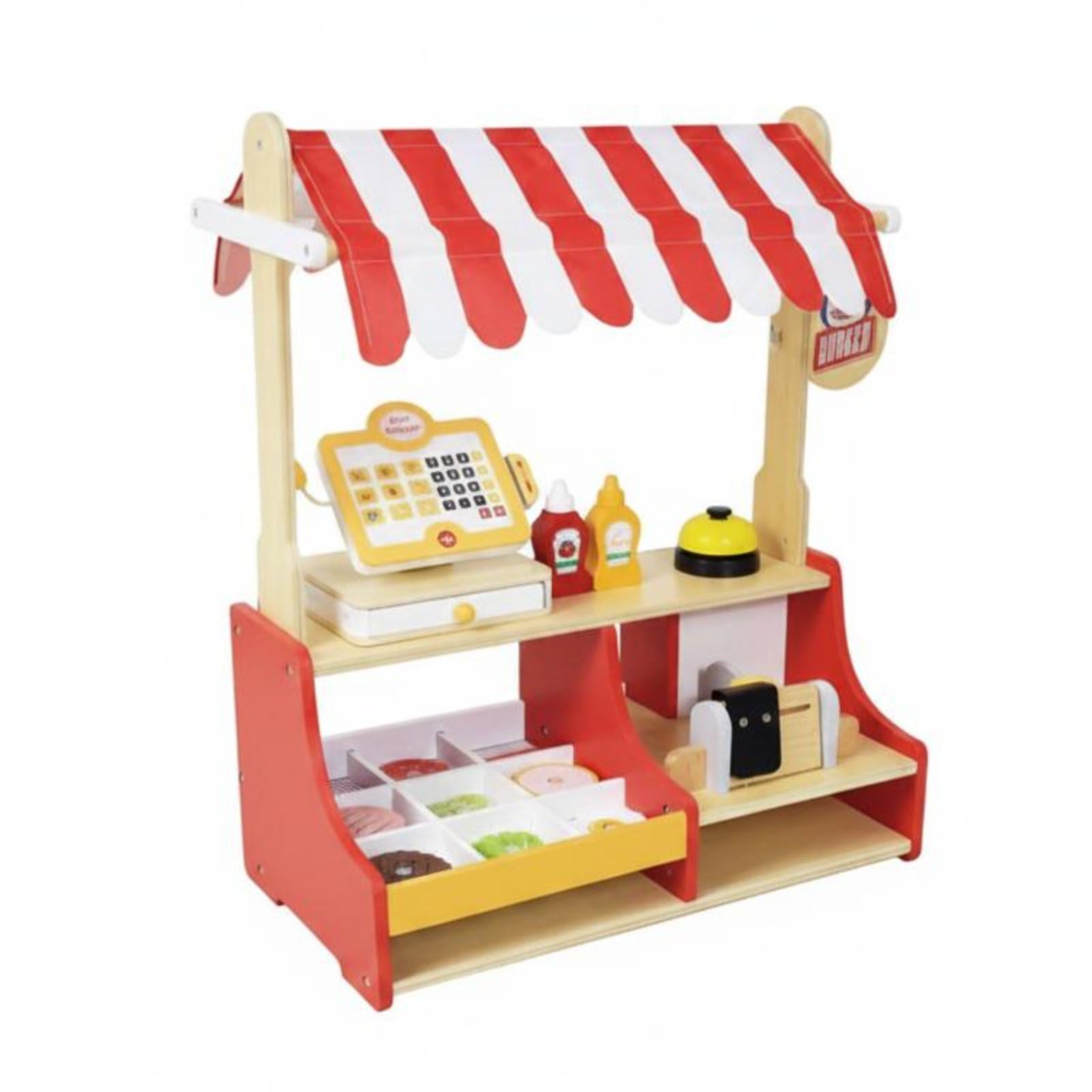 Cucina Giocattolo per Bambini Chiosco Hamburger Panini Registratore Cassa Monete Gioco Ripiani Legno Adatta per Gioco di Ruolo Ristorante Gioco Educativo Casa Aula Cameretta 52cm
