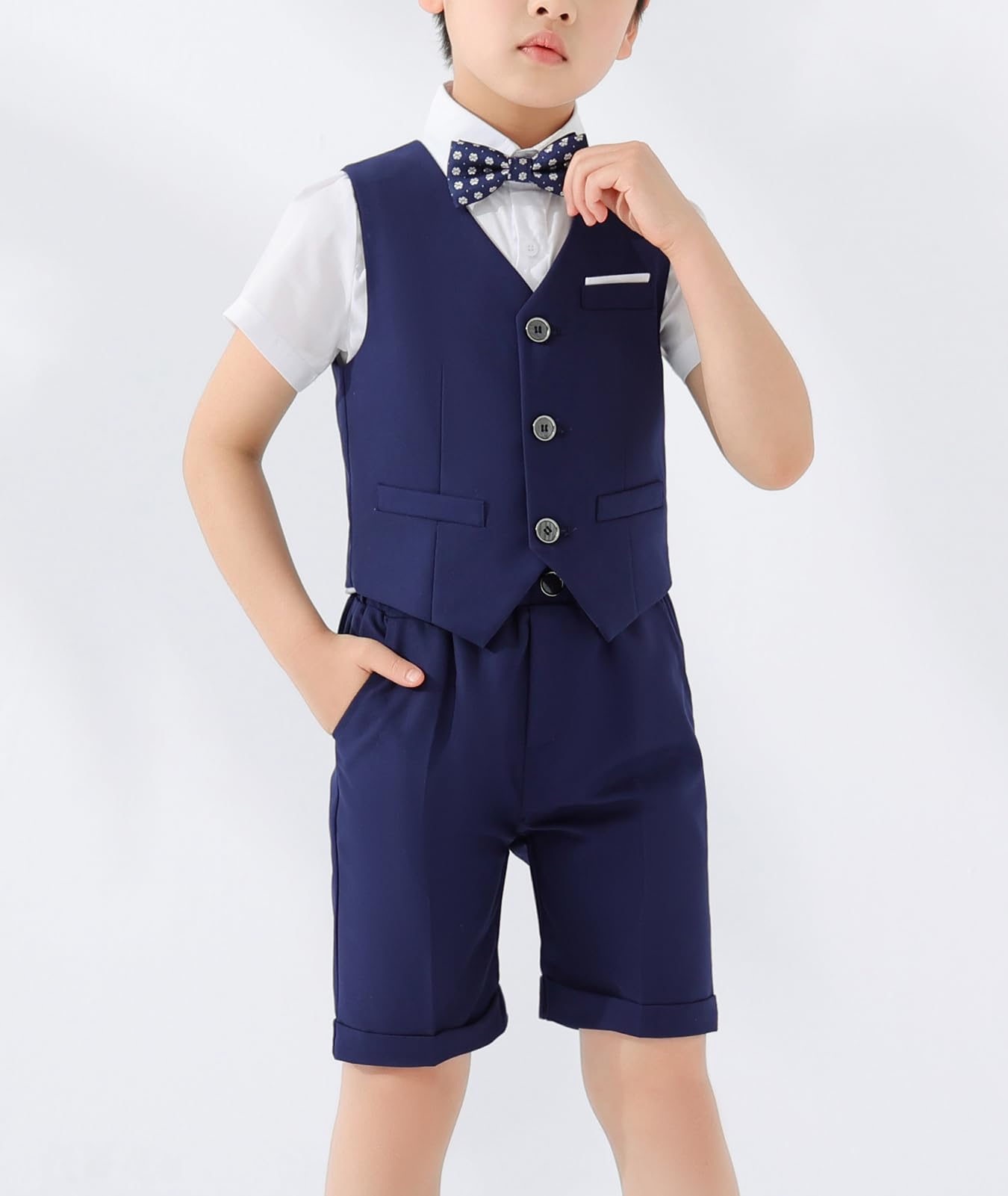 3/4 Pezzi Completo Cerimonia Bambino, Ragazzi Eleganti Abiti da Cerimonia Estivo con Gilet, Pantaloni Corti, Camicia, Papillon