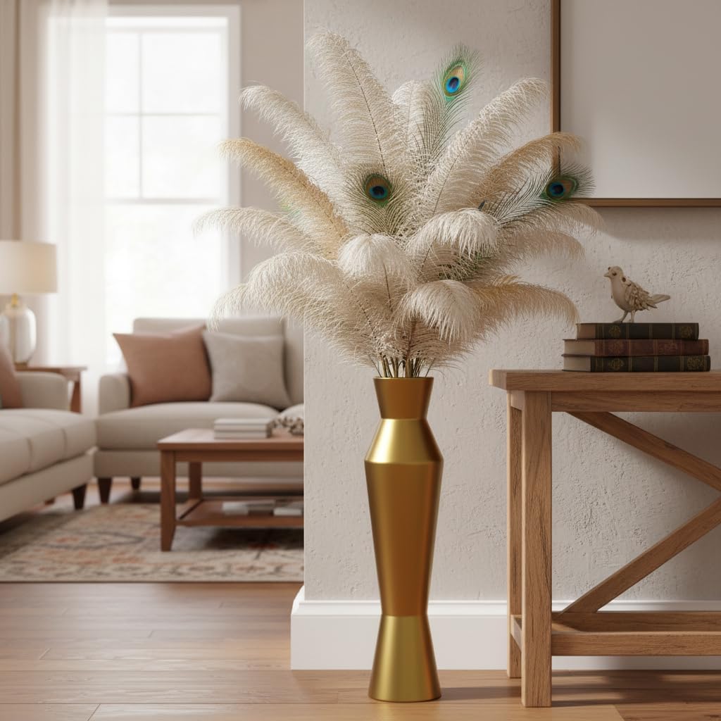 Large Gold Floor Vase, 23.6in Tall Decorative Vase with Weighted Bottom, Shiny Metallic Gold Finish - 4.7in Opening Wide Vase for Dried Pampas Grass, Feathers, Faux Flowers, Modern Home Decor