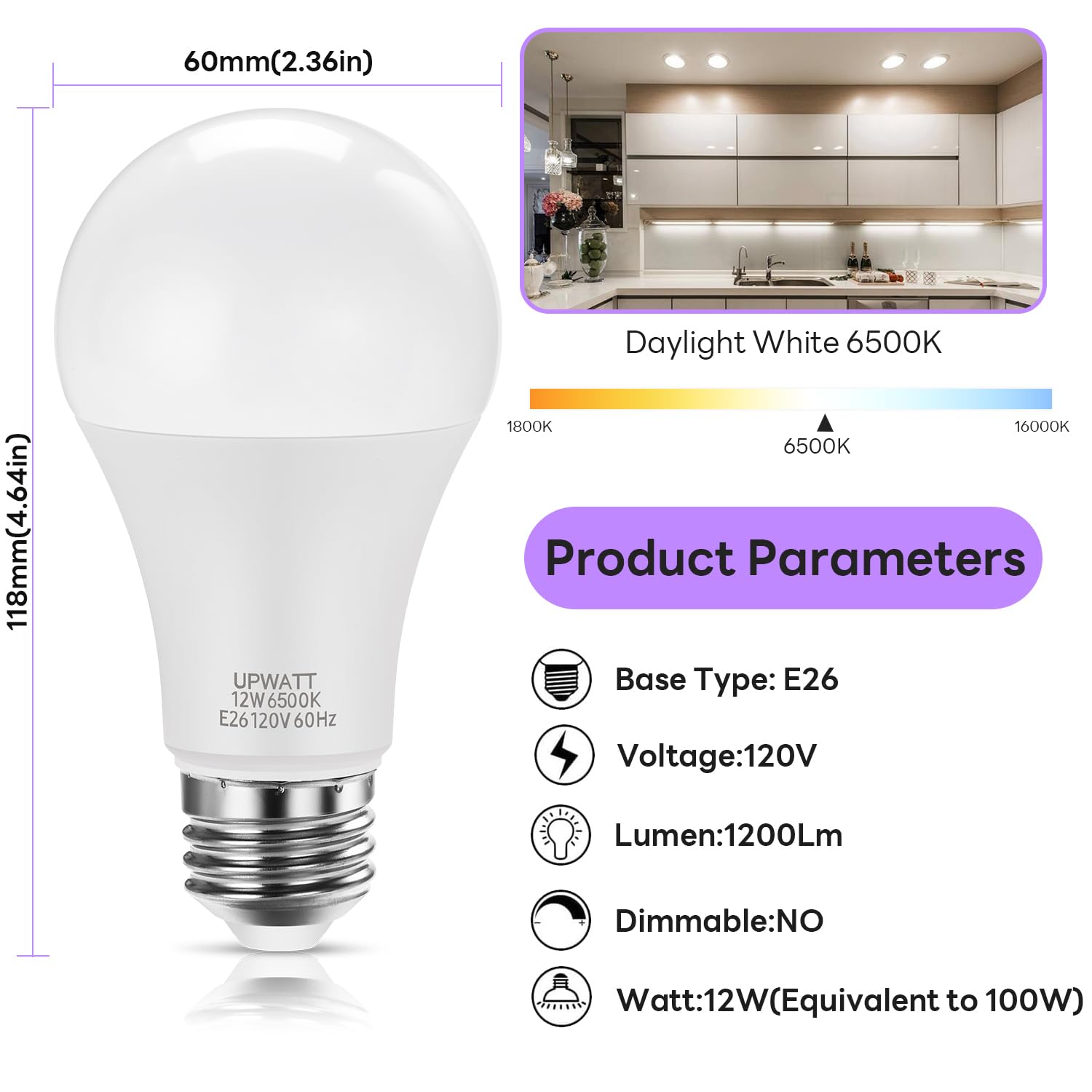 LED-Leuchtmittel, A19 Tageslicht, 6500 K, 12 W (entspricht 100 Watt), 1200 Lumen, nicht dimmbar, E26 Standard, mittlere Basis, superhelle Lampe für Badezimmer und Zuhause, 10 Packungen