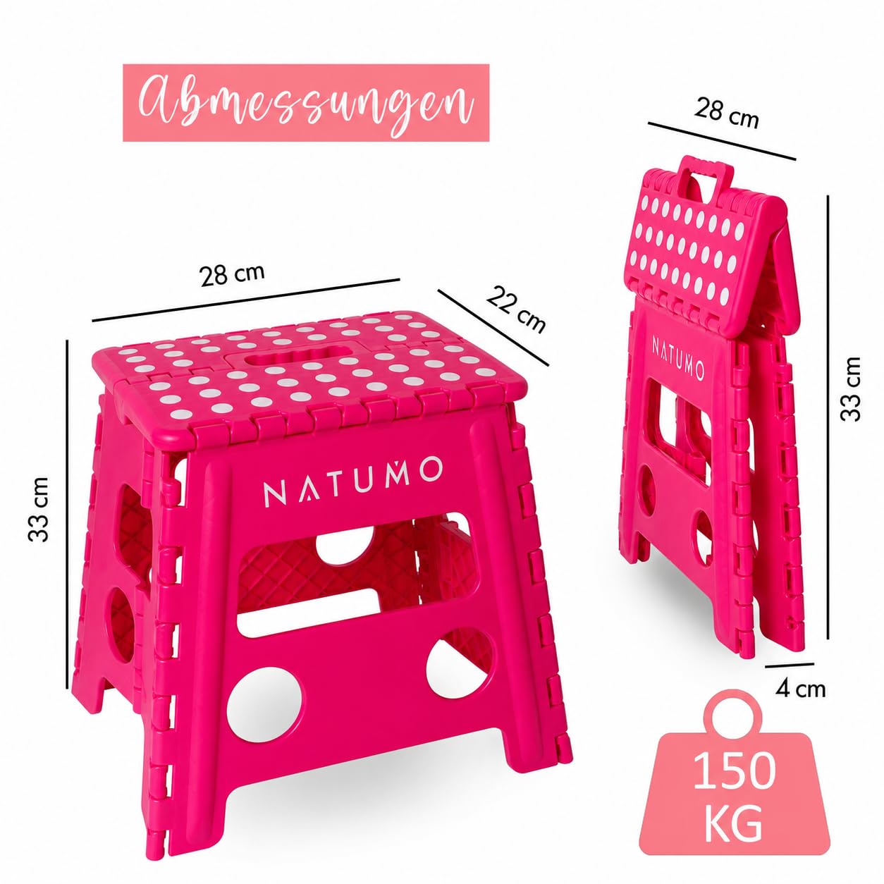 NATUMO® Taburete plegable XL para niños y adultos, taburete plegable ligero y antideslizante, taburete plegable para camping, baño, cocina y jardín, 33 cm (rosa)