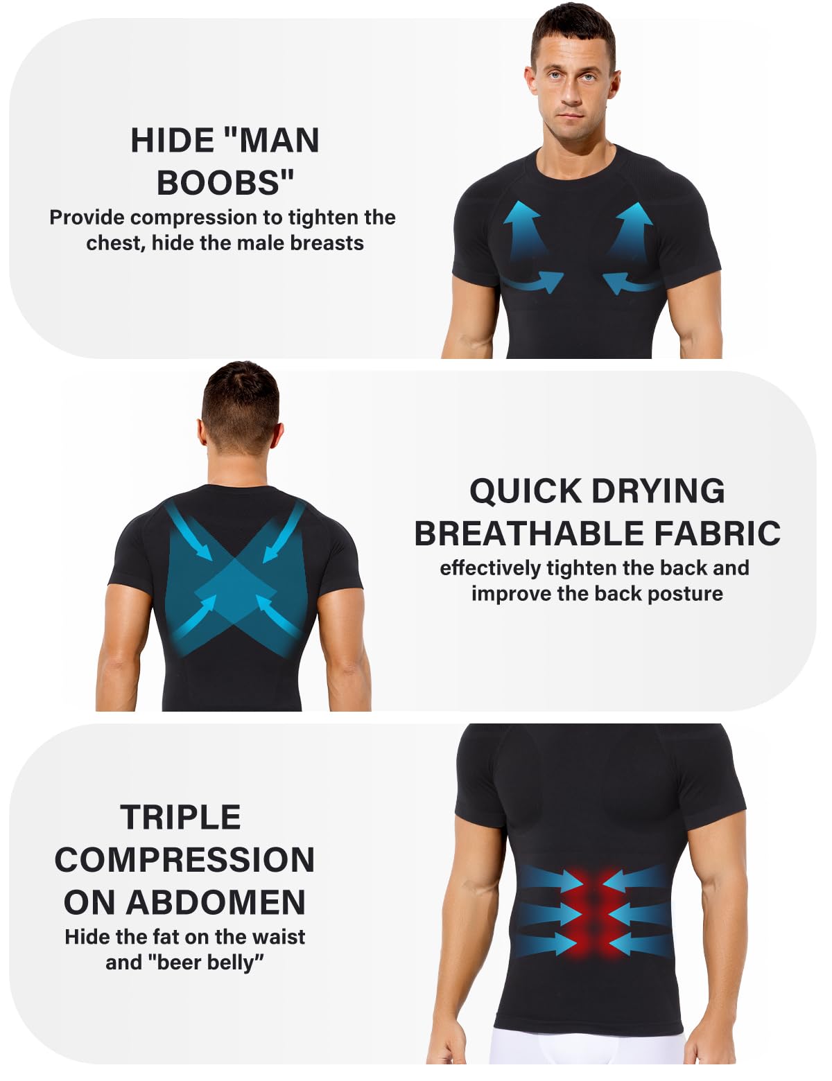 Casey Kevin Homme Compression T-Shirt, Shapewear Contrôle du Ventre Sport Top, Maillot de Corps Compression pour Perdre du Poids Ventre Plat Homme, Noir, L