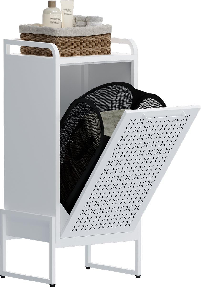 VEEHAUS Tessi Wäschekorb – Luxus-Wäschekorb – Wäschebox – Ergonomischer, herausnehmbarer Beutel – Metallrahmen aus hochwertigem Stahl – 42 x 35 x 93 cm –Weiß