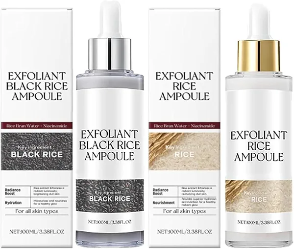 2PCS Rice Exfoliating Ampoule Set - Black & White Rice for Brightening & Glowing Skin, Minimizing Pores, Deep Hydration Treatment