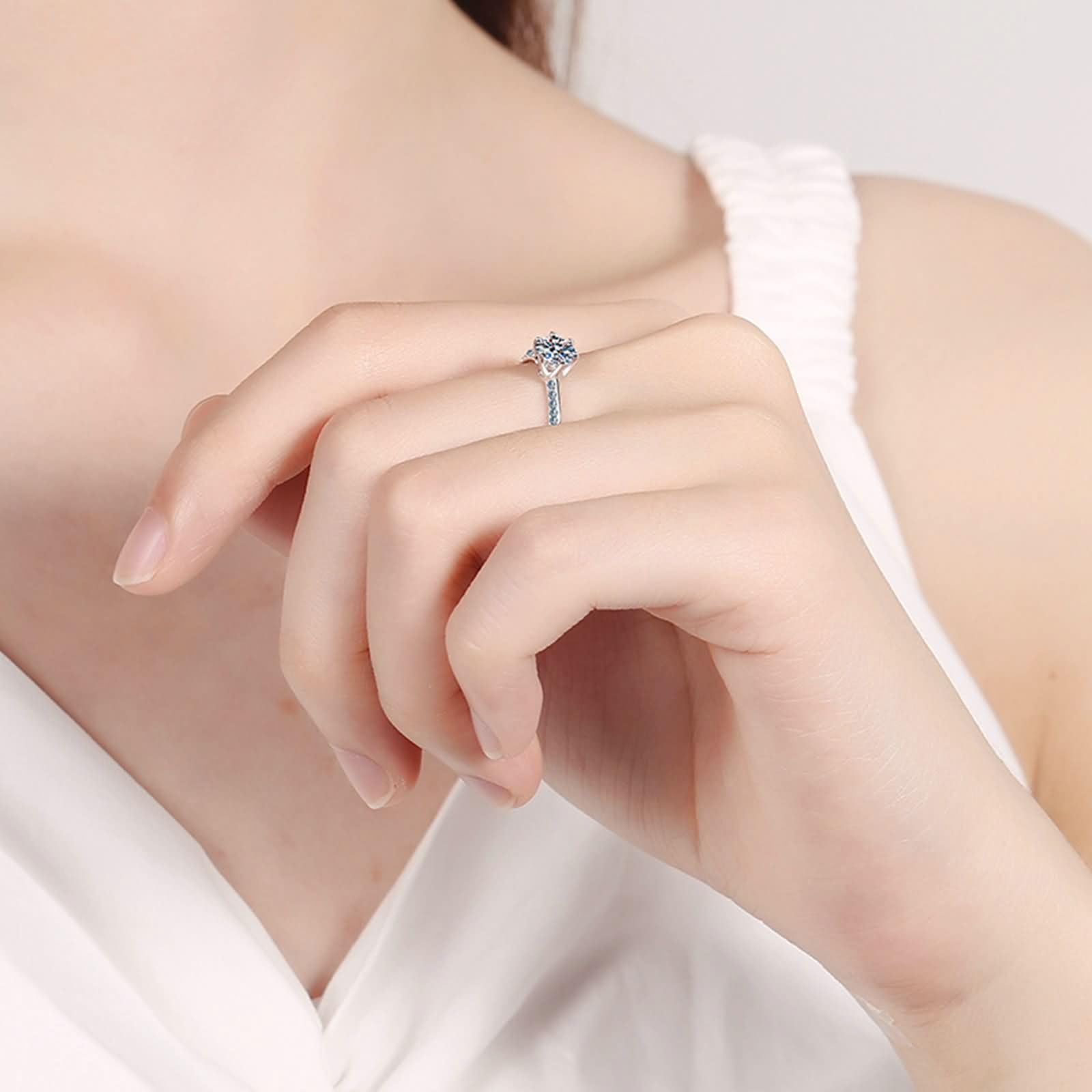 Damskie pierścionki zaręczynowe z białego złota 9 Kt / 14 Kt / 18 Kt, 6 okrągłych szczęk z syntetycznym diamentem 0,5 ct, srebrny pierścionek damski