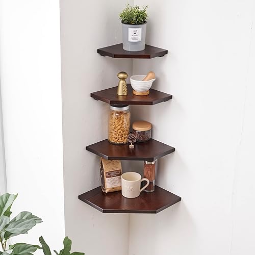 Miniatura 6 de Estante de Esquina para Pared, Juego de 2 Estantes Flotantes de Madera de Roble Macizo con Orificio para Cables, Estante de Exhibición con Orificio