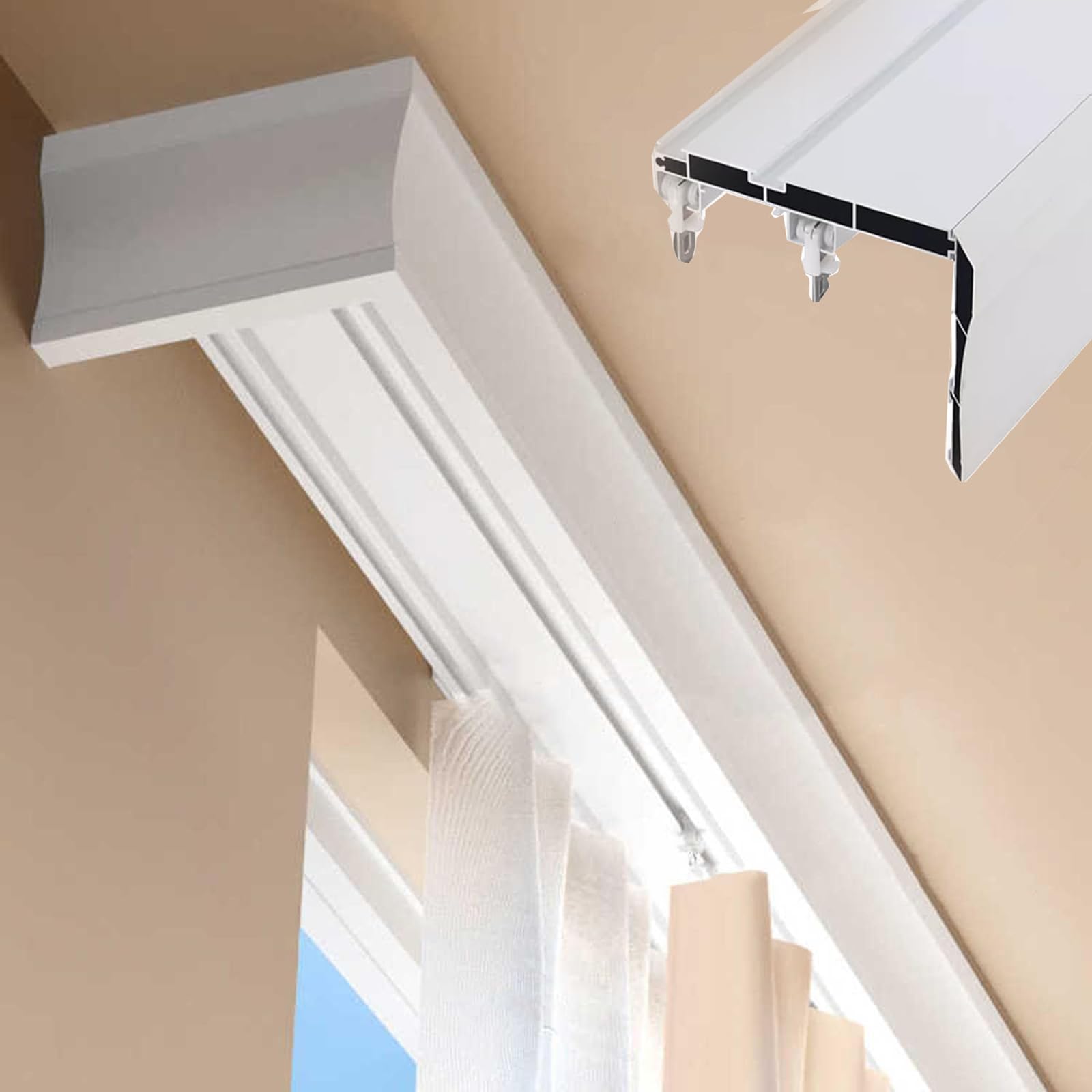 Uchwyt sufitowy z podwójnym prętem z falbaną i szyną 2-warstwowy aluminiowy cichy system kół pasowych do salonu i sypialni (rozmiar: 1,4 m 1,4 m Kolor: Uchwyt sufitowy)