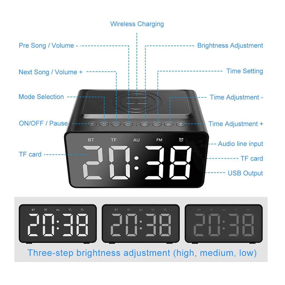 ERNZI Sveglia Altoparlante Bluetooth da comodino Radio FM Non ticchettante con caricatore USB e ricarica wireless QI, Display a led dimmerabile digitale a 3 livelli