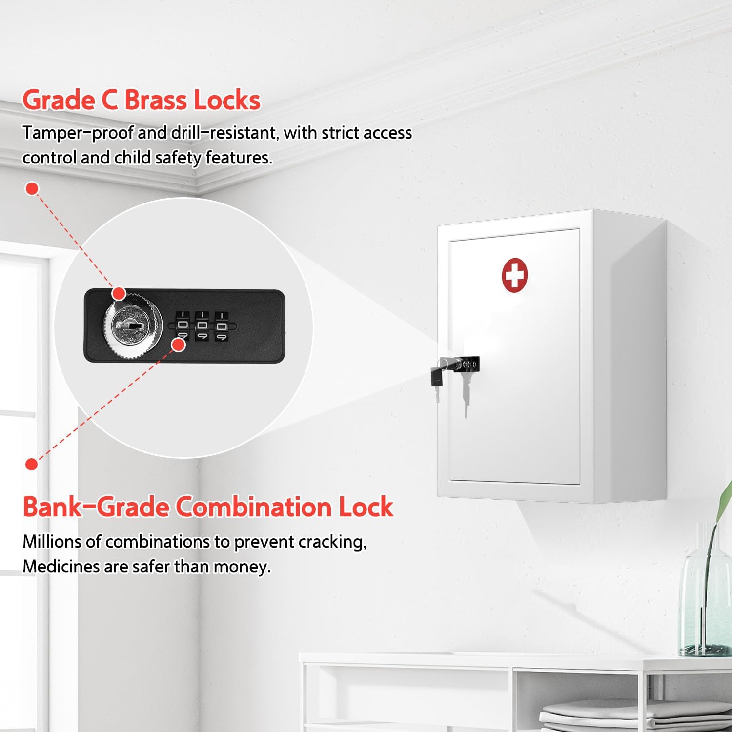 Wall-Mount Locking Medicine Cabinet: Large Metal Storage Organizer Box with Combination & Key Lock - First Aid Medicine Cabinet 3-Compartment Design for Bathroom Home (15.75" H x 11.82" W x 4.72" D)