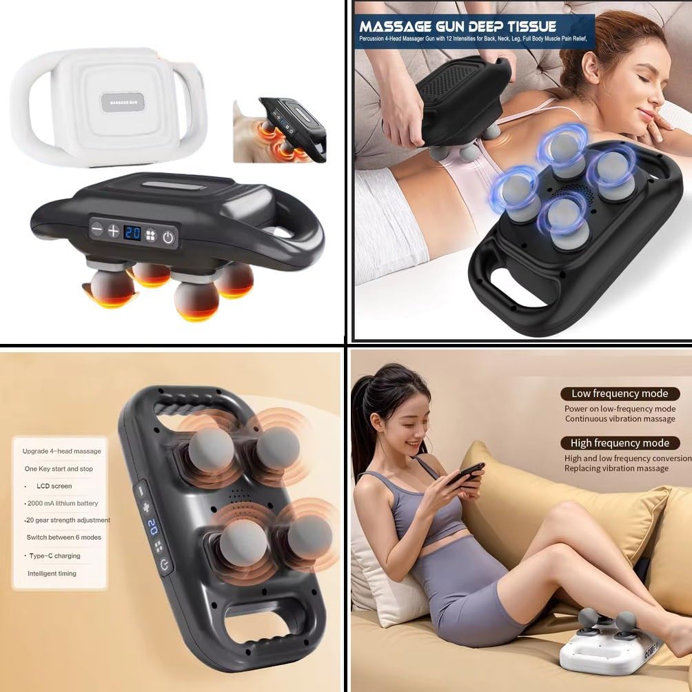 Derico 4-Hed Massage Gun Deep Tissue, Muscle Massage 20 Intensity and 6 Massage Mode, 4 HAD Back Masagar Back, Leg, Neck, Sholder and Body Pain for Relieving Pain in Pain Derico 4-Hed Massage Gun Deep Tissue, Muscle Massage 20 Intensity and 6 Massage Mode, 4 HAD Back Masagar Back, Leg, Neck, Sholder and Body Pain for Relieving Pain in Pain