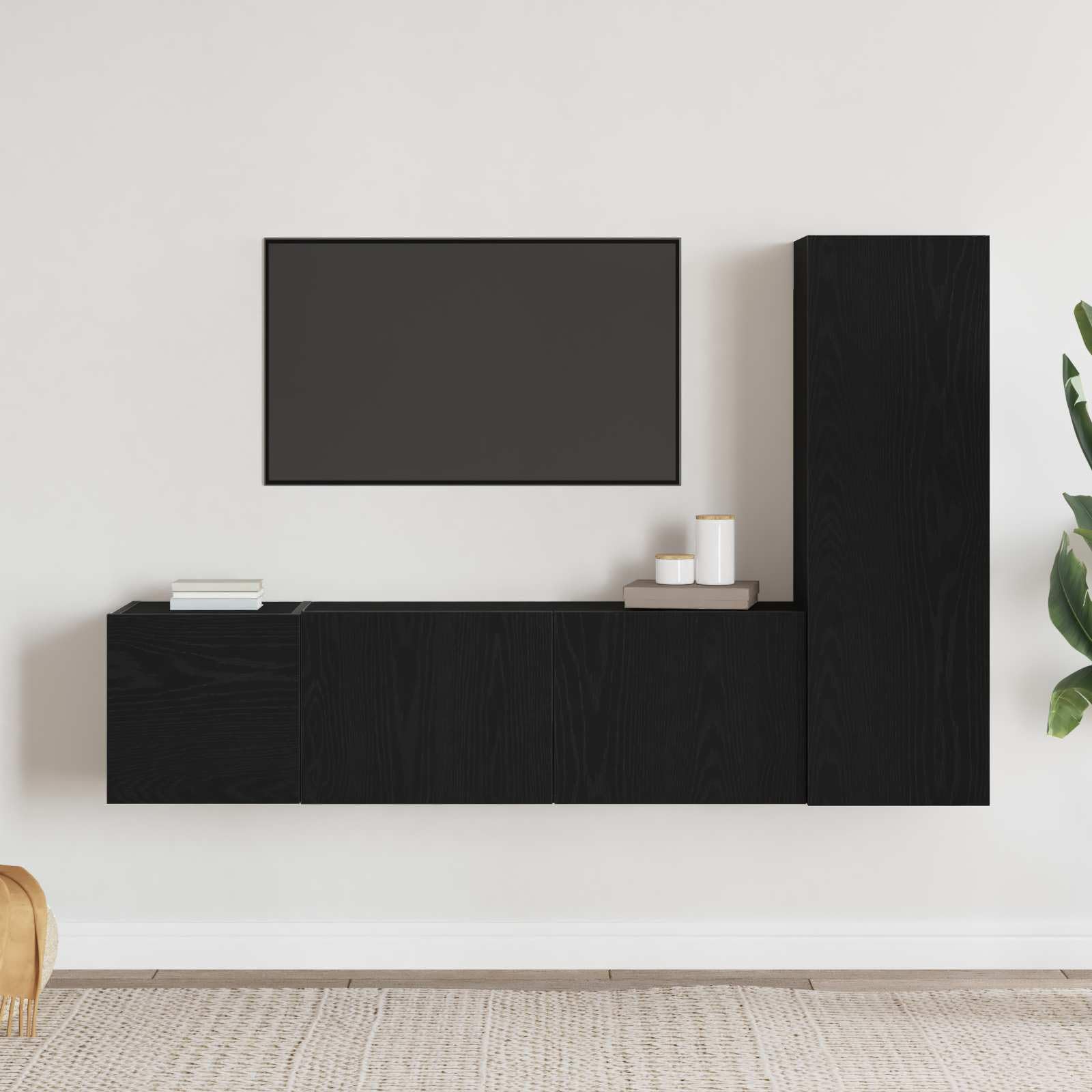 3-częściowy zestaw szafek pod telewizor o wyglądzie czarnego dębu, 130,5 x 30 x 140 cm, montaż ścienny, nowoczesne wzornictwo do salonu, zajmujący mało miejsca regał na media