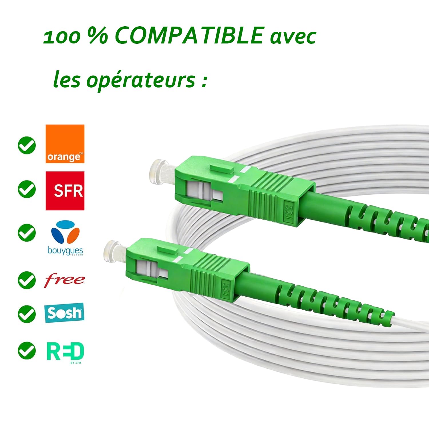 Elfcam® - Kabel światłowodowy/przedłużacz (Orange SFR Bouygues) - Pojedyncza podwiązka SC-APC do SC-APC - Wzmocniona osłona i złącze - Bardzo niezawodne straty - Biały, 15M