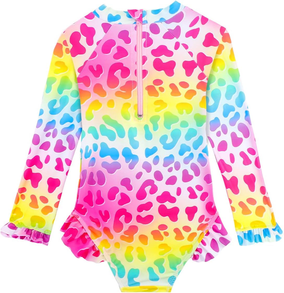 Baby Toddler Girl Long Sleeve Ruffle Swimsuit One Piece Zipper Rash Guard Bathing Suit with UPF 50+ Sun Protection - Image 2