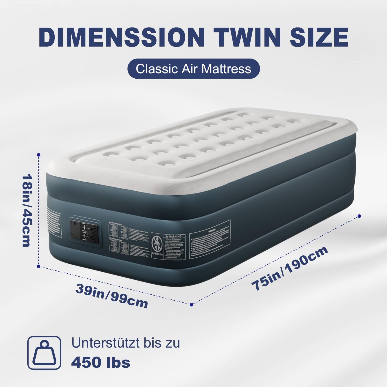 Bonnlo Faltbare Campingmatratze mit Elektrischer Pumpe – Luftmatratze selbstaufblasend Velours-Oberfläche Luftbett Outdoor 100 kg 190 x 99 x 45 cm Grauweiß Dunkelgrau