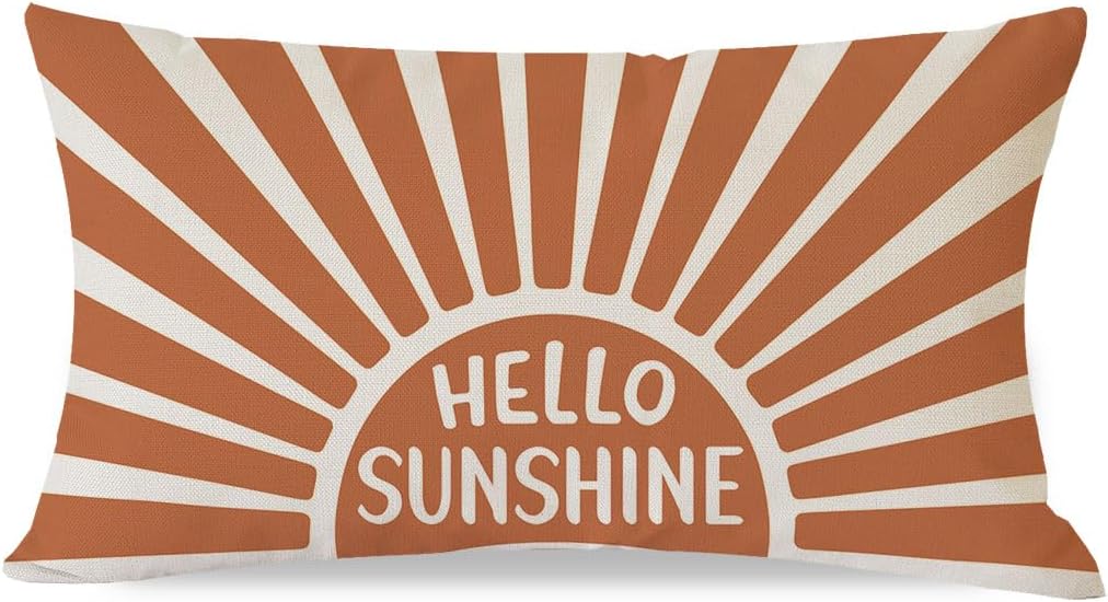 pandicorn hello sunshine sun throw pillow cover 12x20 inch orange outdoor spring summer boho decorations lumbar decorative cushion case for home bedroom living room sofa couch patio porch decor orange 20" x 12" (pack of 1)