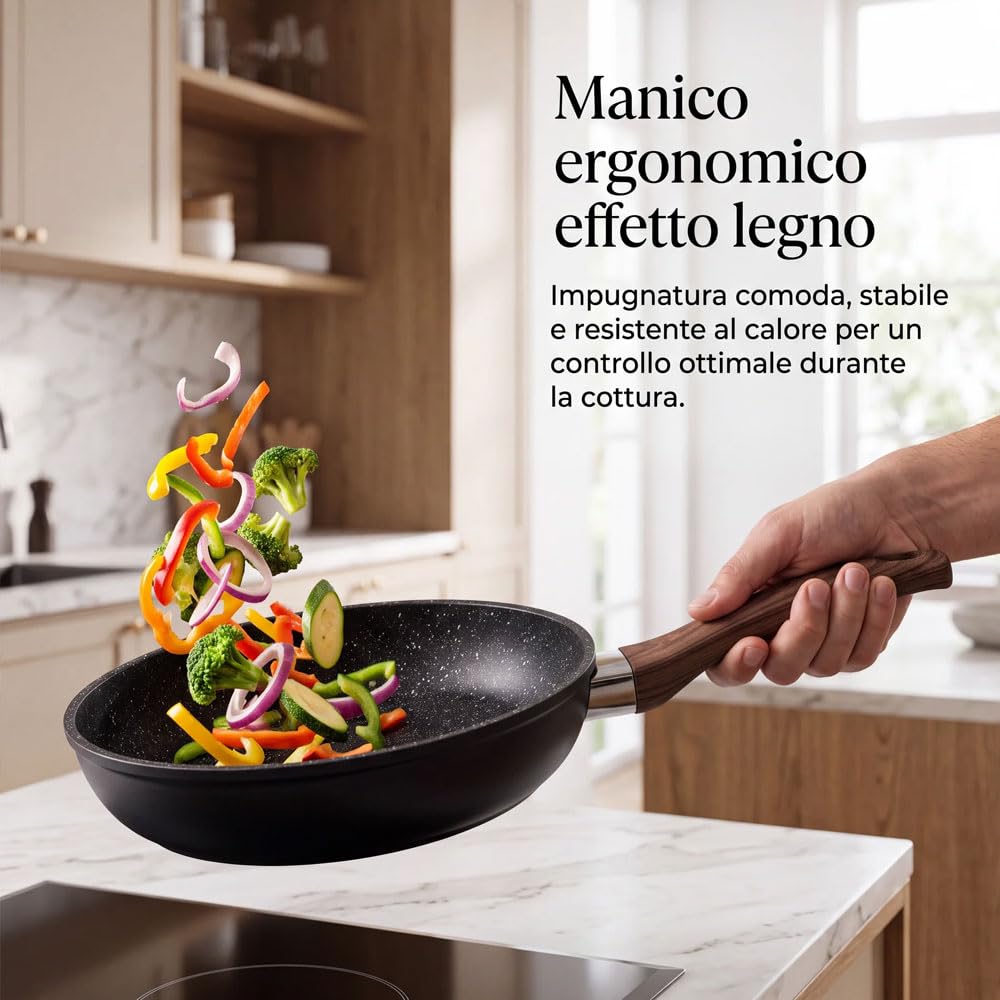 081 Store - Set 3 Padelle Antiaderenti Nere 20, 24 e 28 cm, Padelle per Induzione, Gas e Tutti i Piani Cottura, Rivestimento Effetto Granito, Alluminio Forgiato, Senza PFOA, Manici Effetto Legno