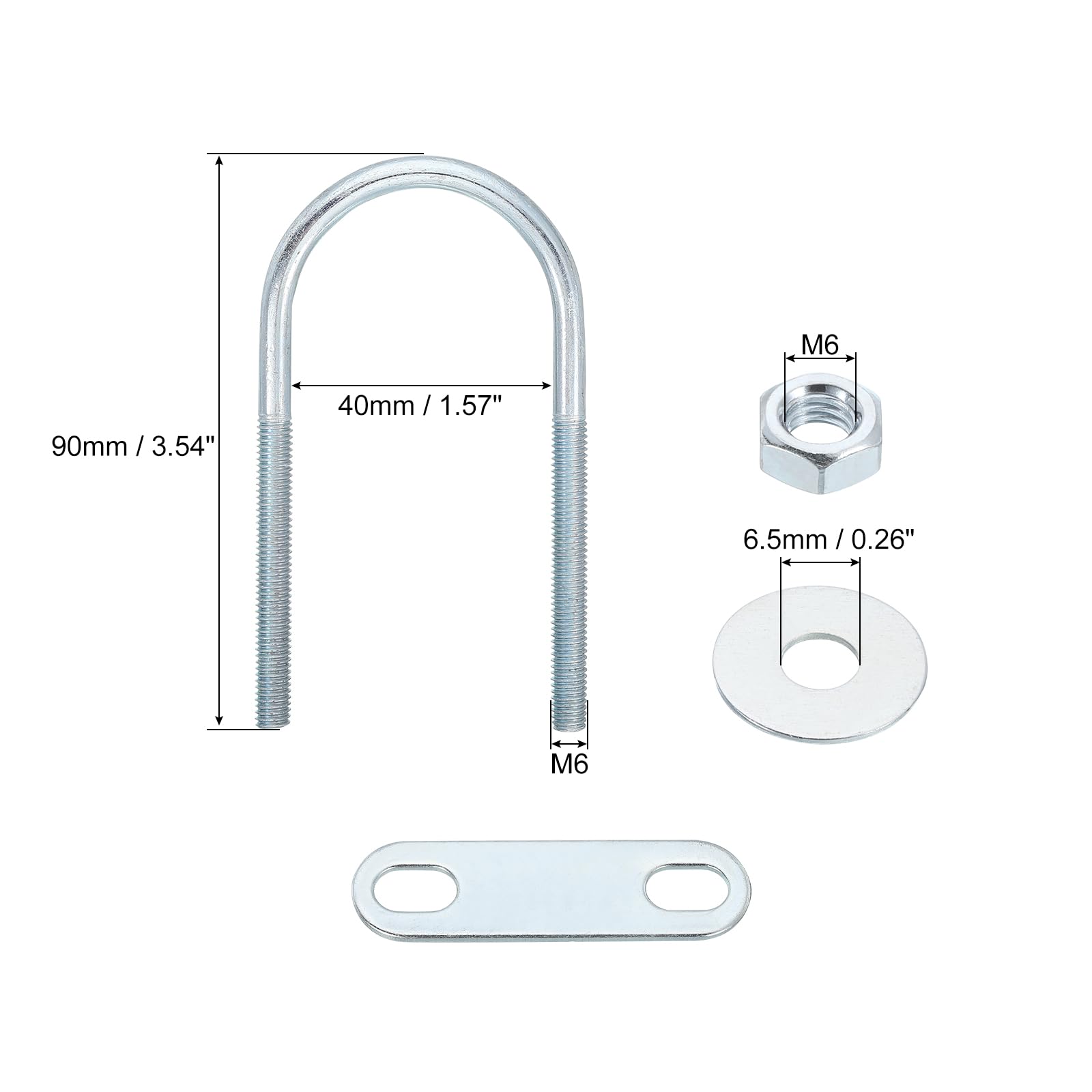 QUARKZMAN 6Pcs Pernos en U Redondos M6, Ancho Interior de 40mm, Longitud de 90mm Perno de Abrazadera en U con Tuercas y Placas, de Acero al Carbono para Reparación Tuberías y Industriale