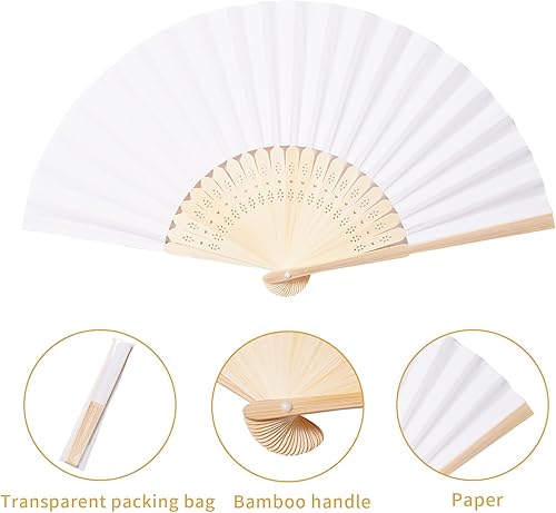 Miniatura 2 de 50pcs White Paper Hand Fan Bamboo Folding,Handheld Paper Folded for Wedding Party and Home Decoration