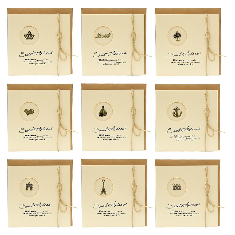 TONGIHS 9 PCS Blank Greeting Cards and Envelopes, Blank Fancy Envelopes, Folded Greeting Thank You Card - with Hemp Rope & Metal Decor for All Occasion Anniversary Invitation Wedding Birthday โ image 1