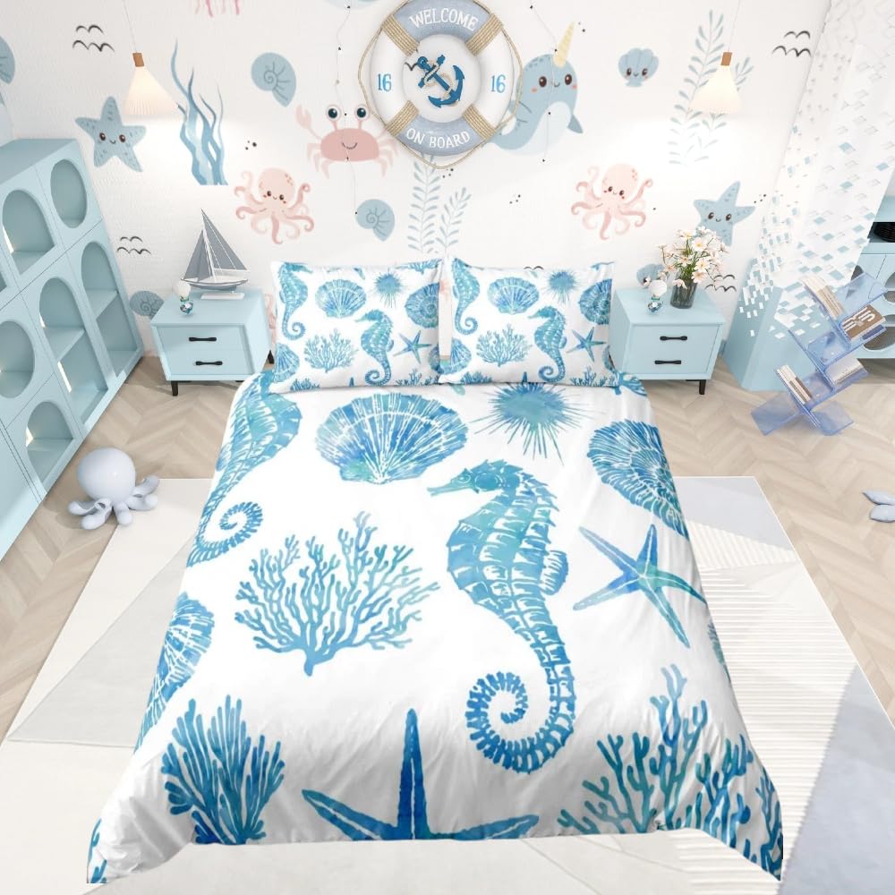 Loussiesd Girls Multi 3 Kids Seahorse Bedding Set For Boys Cartoon Ocean Creature Comforter Cover Blue Sea Starfish Shell Duvet Cover Marine Underwater Animal Decor Bedspread Cover Double Size Bedding Collection