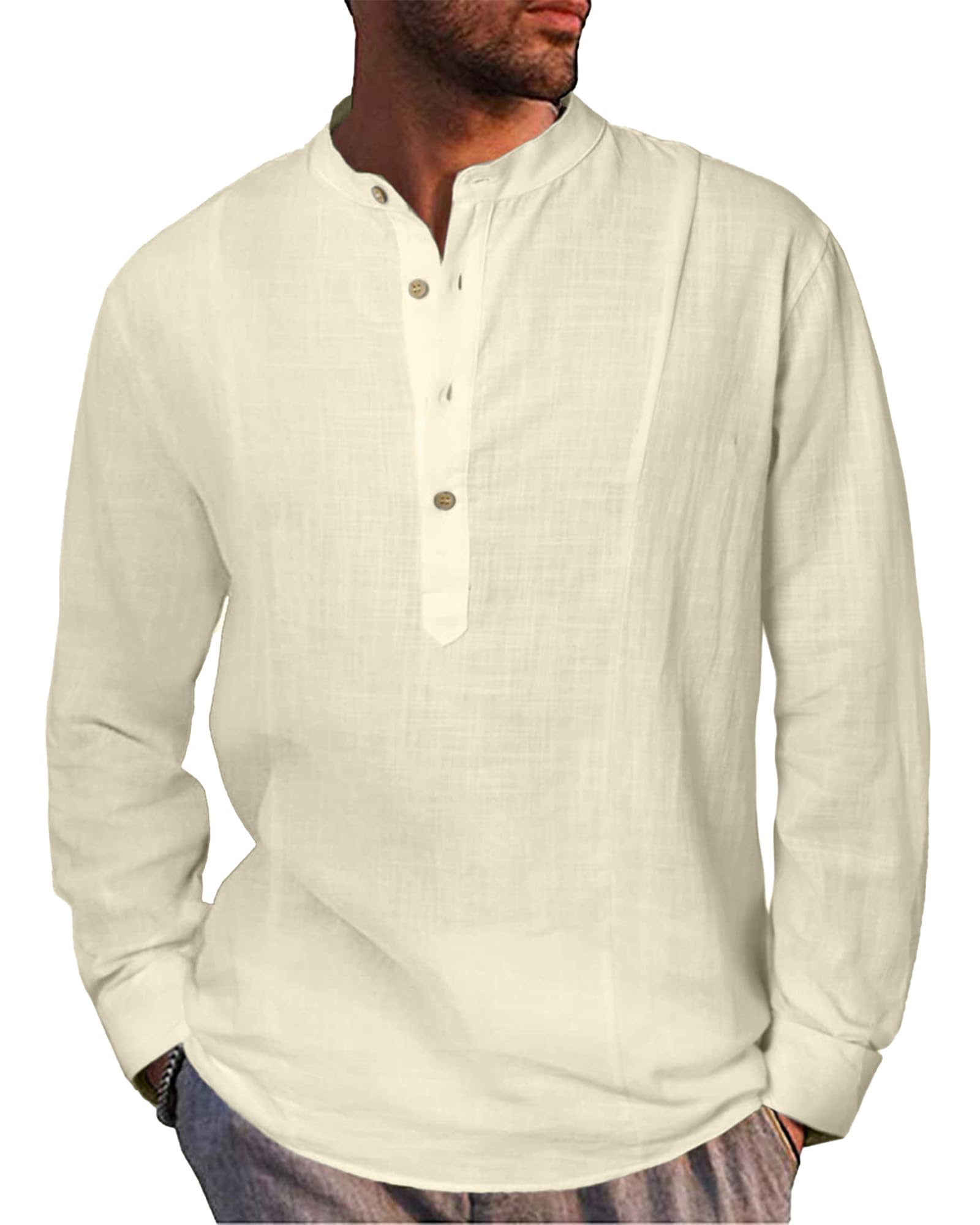 LVCBL Hemd Herren Henley Langarmhemd Baumwolle Leinenhemd Frühling Sommer Freizeithemd