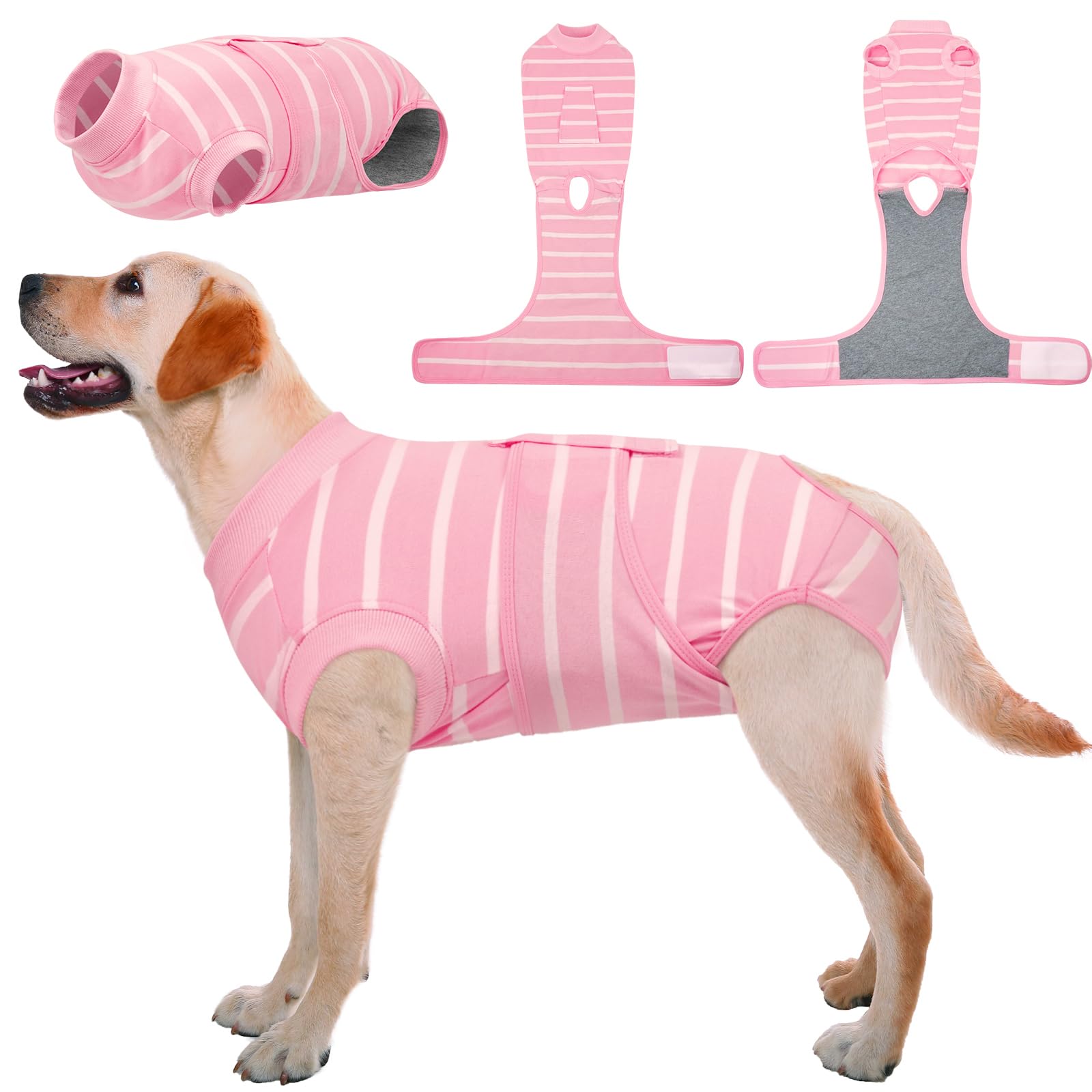 Kuoser Dog Surgery Recovery Suit, Dogs Recovery Suits for Female Spay and Male Neuter, Dog Onesie for After Surgery Post-Op Care, Puppy Post Body Vest Prevent Licking, Pink Stripe XL
