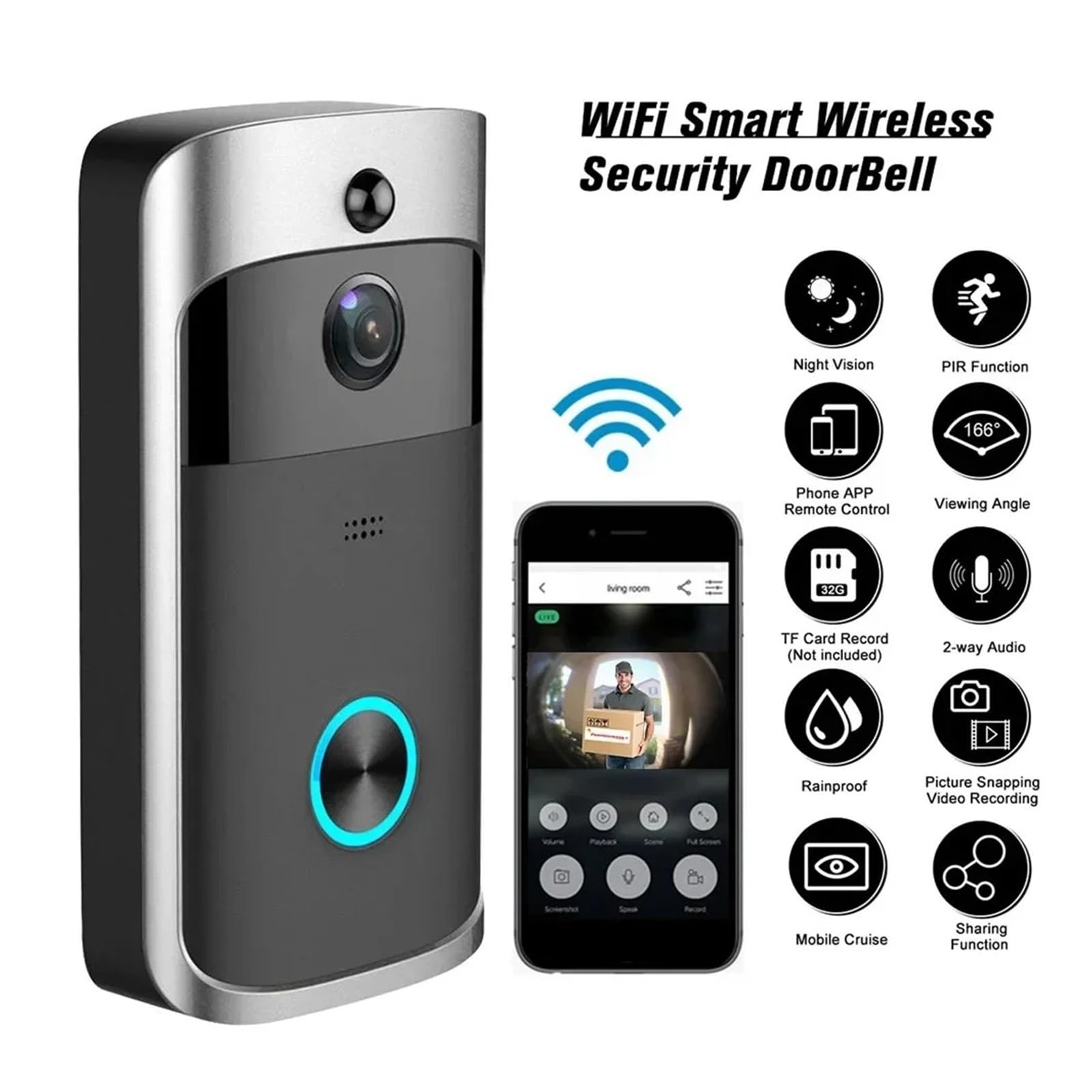 720P HD Inteligentny dom Bezprzewodowy dzwonek do drzwi WIFI Kamera Bezpieczeństwo Wideodomofon IR Dzwonek do drzwi z noktowizorem Szeroki widok(Nero)