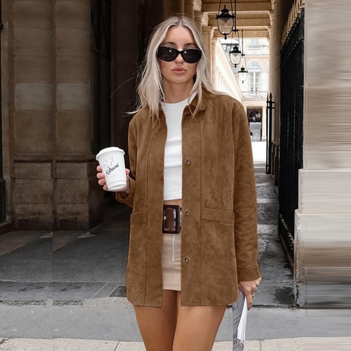 Veste en cuir synthétique pour femme - Veste d'automne Maillard marron en daim - Veste Y2k