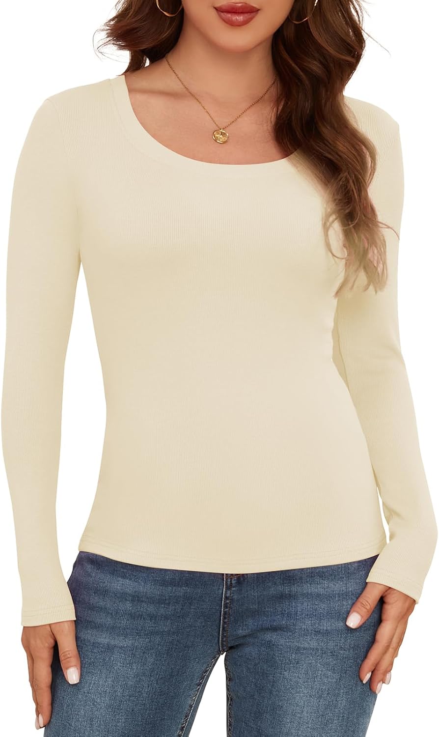 AUHEGN Long Sleeve Shirts for Women Scoop Neck Lightweight Stretchy Fitted Ribbed Basic Layer Tops Blouse