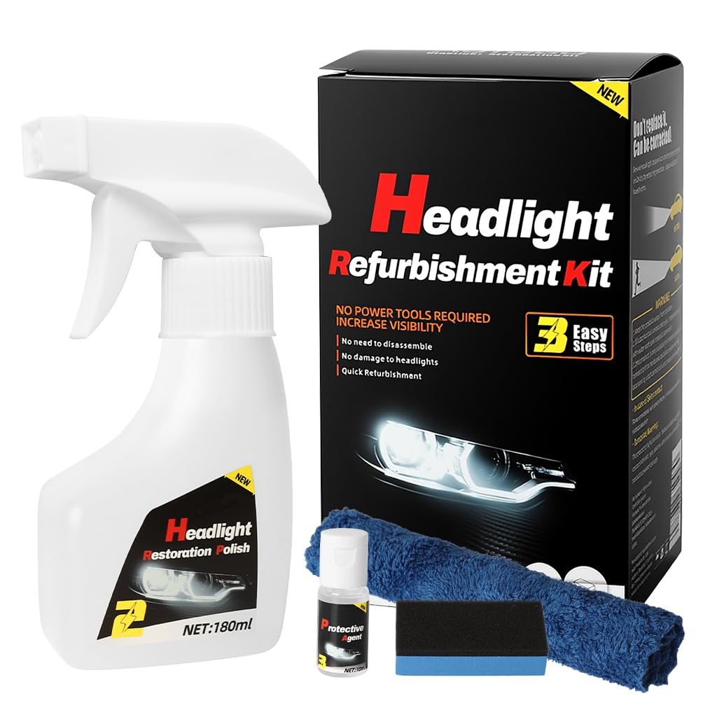 Car Headlight Restoration Kit, 180ml Polishing Agent Spray with Microfiber Cloth & Polish Sponge, Headlight Lens Cleaner & Scratch Remover for Car, Auto, Motorcycle