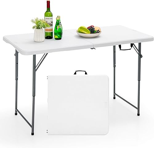 GYMAX Mesa plegable, mesa de picnic de plástico portátil de 4 pies con 3 alturas ajustables y asa, plegable por la mitad de 330 libras, mesa