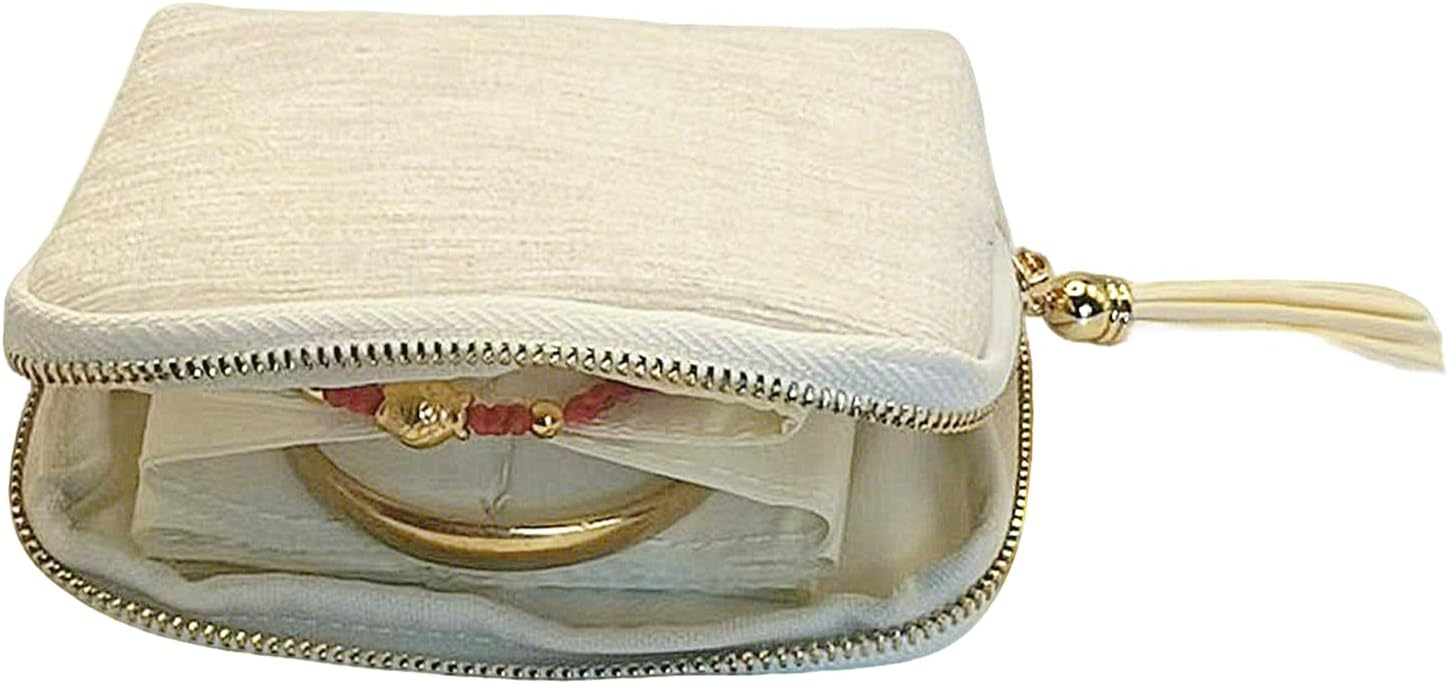 Small Travel Jewelry Case - Jewelry Travel Organizer Bag with Tassel Zipper for Bracelets, Necklaces, Bangles, Jewelry Organizer Storage Bag Gift for Women Girls - LJB001-Beige image 3