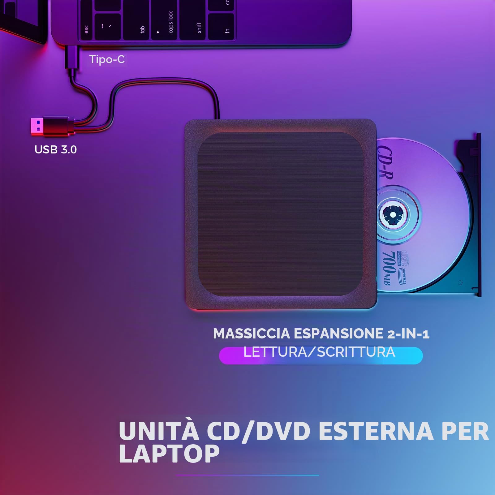 BHHB Lettore DVD Esterno con Finitura Metallica Spazzolata USB 3.0 - Masterizzatore CD/DVD±RW, per Mac e Windows PC, Lettore/Scrittore DVD ROM Compatibile con Laptop, Desktop, Mac, Windows 11/10/8/7