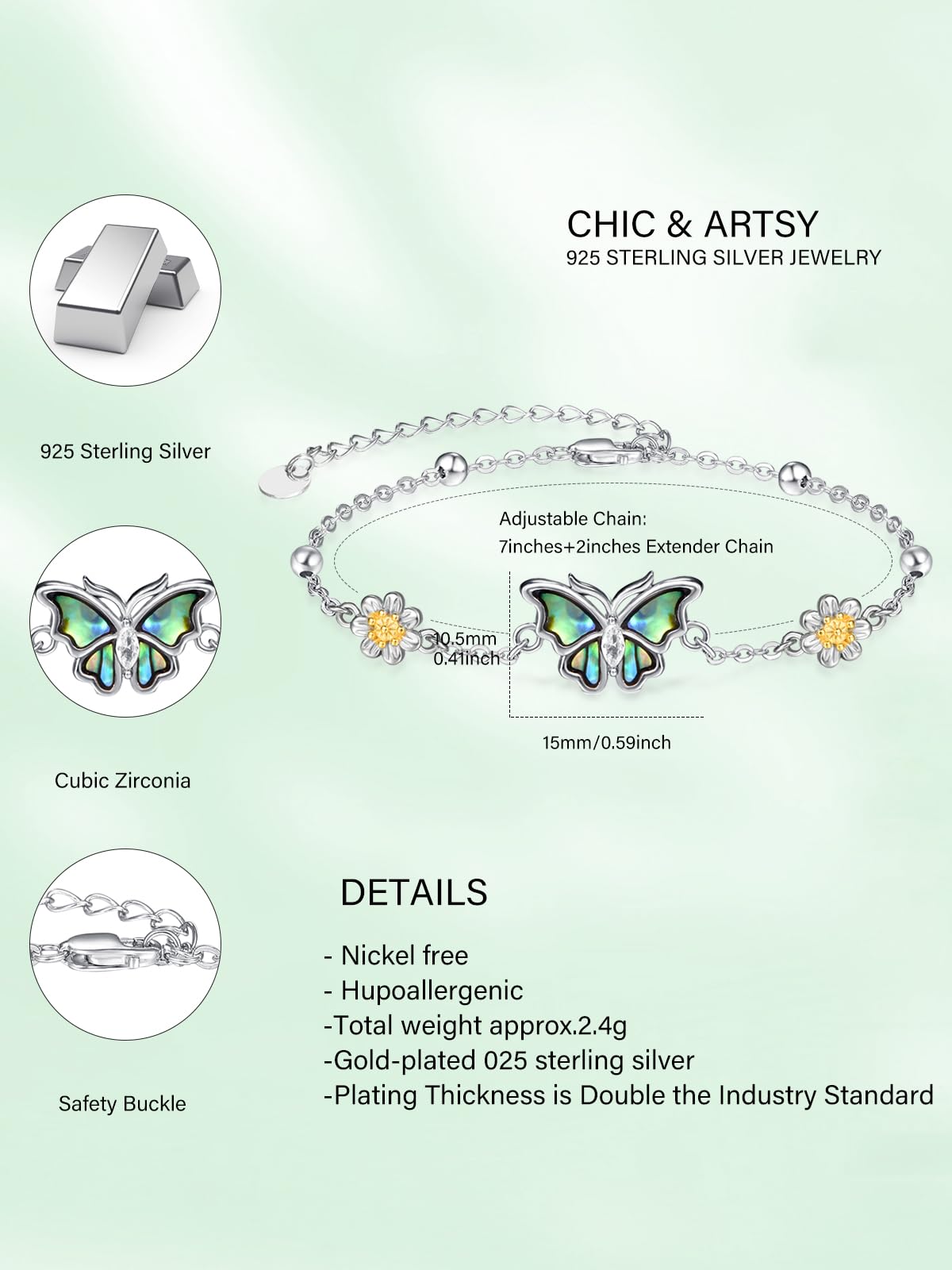 KINGWHYTE Pulsera ajustable de plata de ley 925 con diseño de rana, panda, erizo, abeja, mariposa, libélula, regalo para mujer, 7 inches + 2 inches, Plata de ley