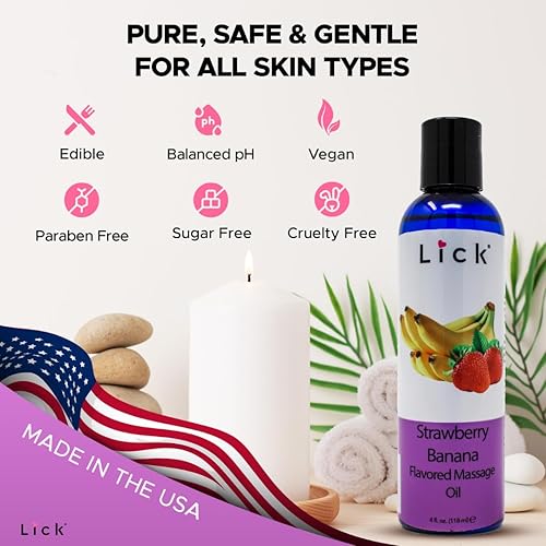 Miniatura 6 de Aceite de masaje con sabor a fresas y plátano con vitamina E, aceite de masaje corporal comestible vegano para mujeres y hombres con aceite de