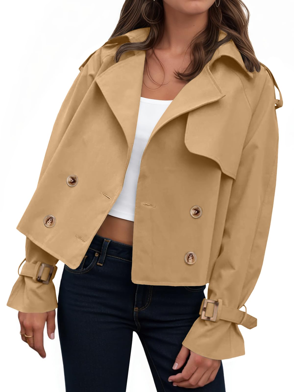 Tankaneo Womens Cropped Trench Coat Oversized Double Breasted Lapel Long Sleeve Short Jacket Fashion Outerwear