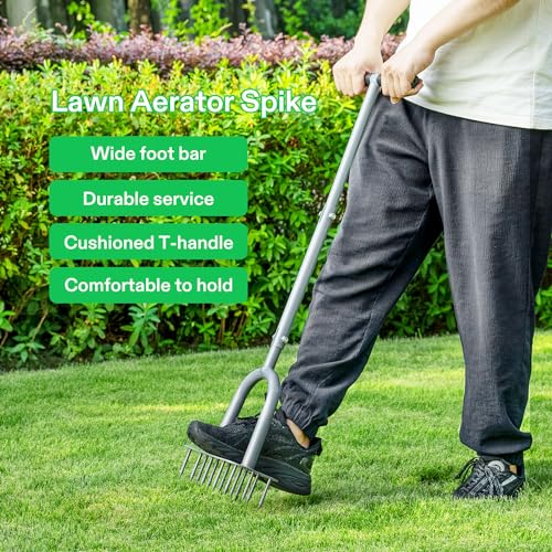 VIVOSUN 15-Spike Lawn Aerator Tool, Metal Spike Aerator, Efficient Manual Dethatching & Soil Aerating, Pre-Assembled Lawn Aeration Garden Tool, Durable Steel Structure with T-Handle & Wide Foot Bar - Image 3