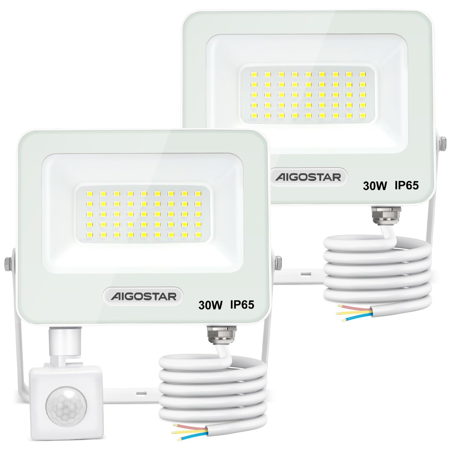 Aigostar 30W Foco LED Exterior con Sensor Movimiento PIR Blanco，2 piezas，2750LM Super Brillo Proyector LED Interior， IP65 Impermeable，Blanco Frío 6500K，Luz de Seguridad para Jardín，Patio，Garaje， etc.