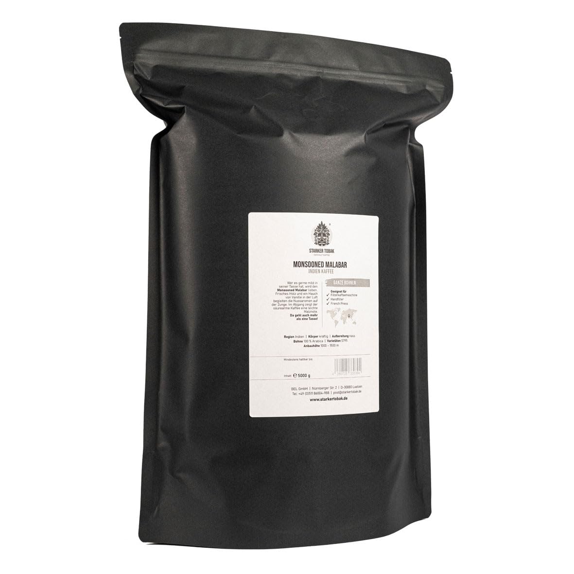 5 kg Monsooned Malabar Kaffee, Bohne, handgeröstet, Indien, 100% Arabica, Kaffeemaschine, Vollautomat, besonders säurearm, 5 kg Großgebinde für Gastronomie, Bürokaffee