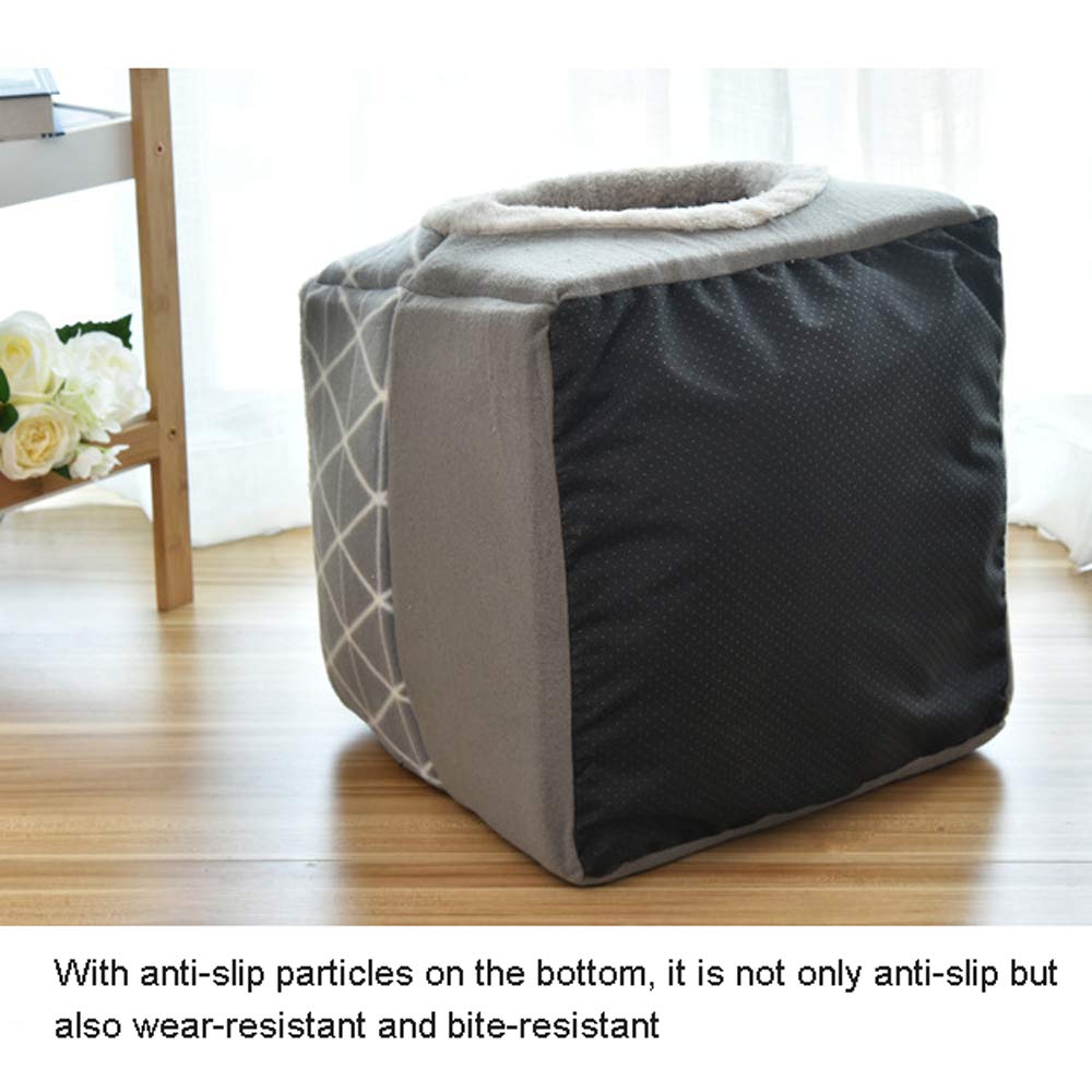 سرير ومنزل بشكل مكعب للقطط والكلاب صغير الحجم نصف مغلق من القطيفة والقطن المنفوش المقاوم للاهتراء والعض