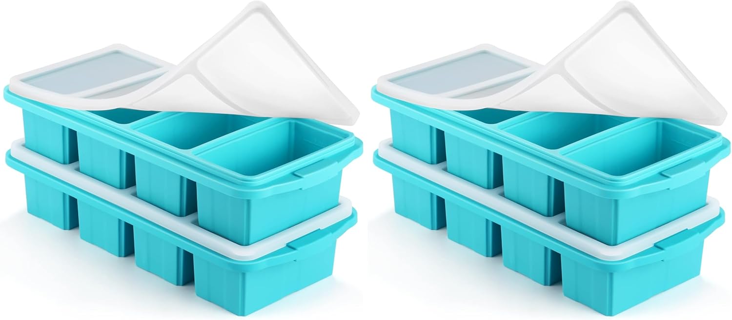 Silicone Freezer Tray With Lid - Silicone Freezer Food Molds- Large Ice Cube Tray,Silicone Freezer Container,Freeze & Store Soup, Sauce, Broth,Leftovers - Makes 4 Perfect 1 Cup (Pack of 2)