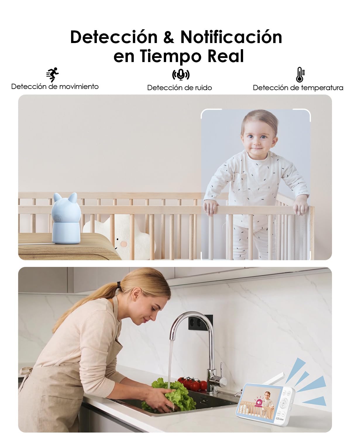 CZEview 2.5K 4MP Camara Vigilancia Bebe con App Movil, 5.5" IPS Gran Pantalla, 360°, Monitorización & Alertas en Tiempo Real, Visión Nocturna (Azul con 2 Cámaras)